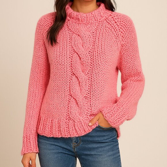 GORGEOUS Handmade Cozy Mock Neck Cable Knit Sweater in Bubble Gum Pink Hi Lo - Picture 1 of 9